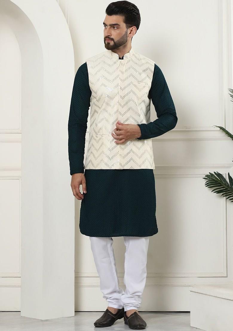 Green Checked Cotton Kurta Set For Men