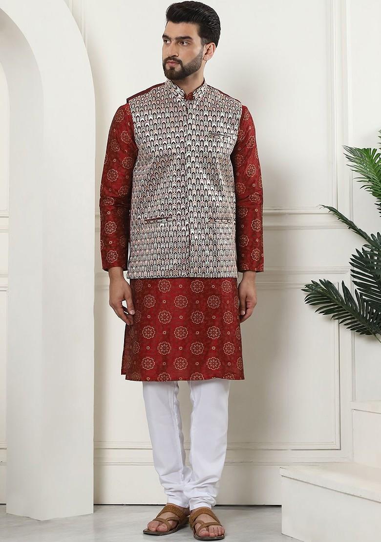 Maroon Ethnic Motifs Poly Blend Kurta Set For Men