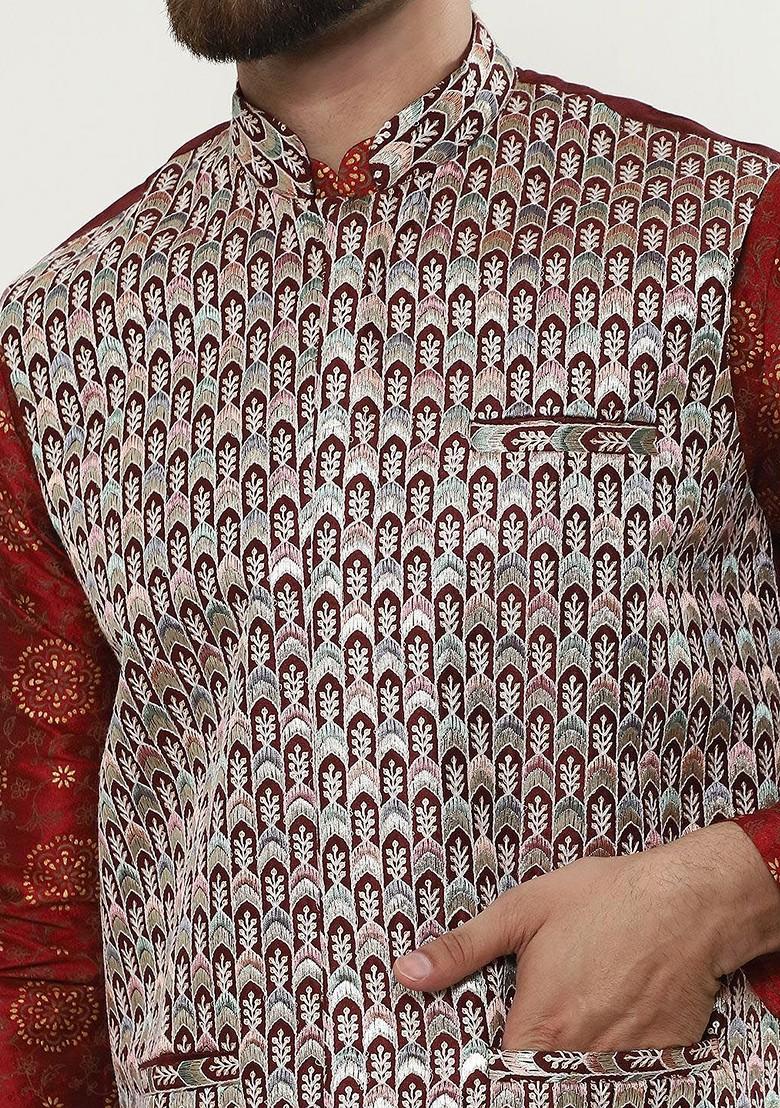 Maroon Ethnic Motifs Poly Blend Kurta Set For Men