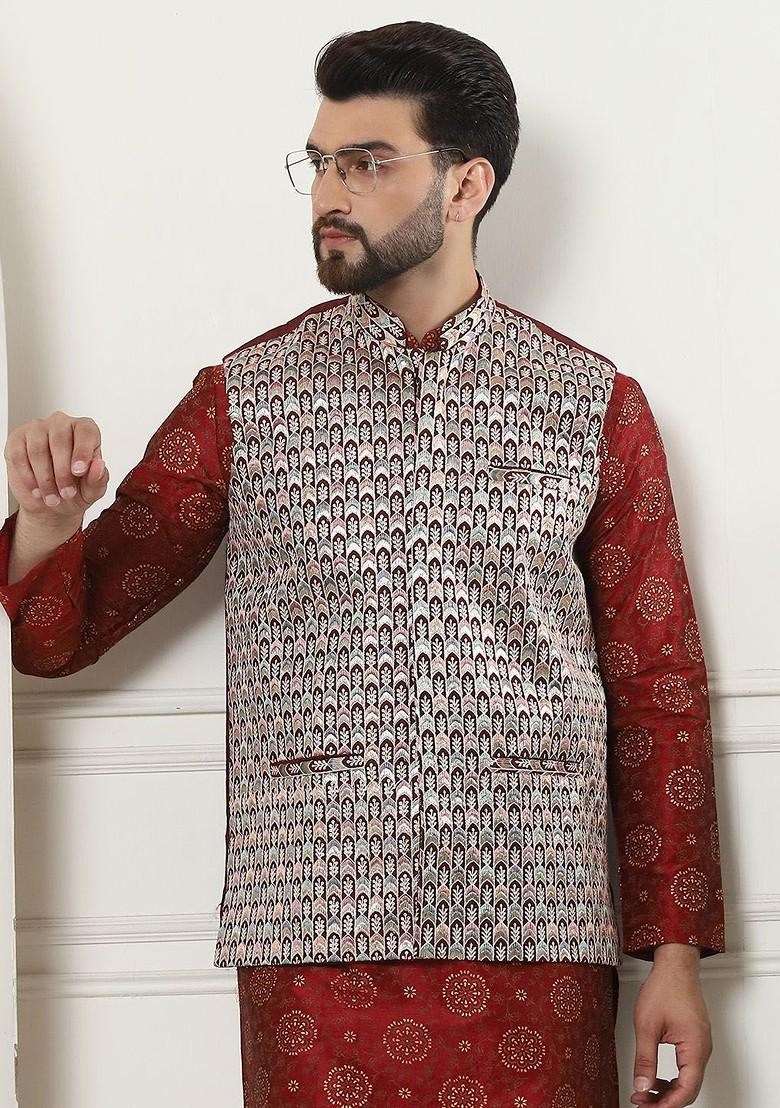 Maroon Ethnic Motifs Poly Blend Kurta Set For Men