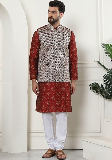 Maroon Ethnic Motifs Poly Blend Kurta Set For Men