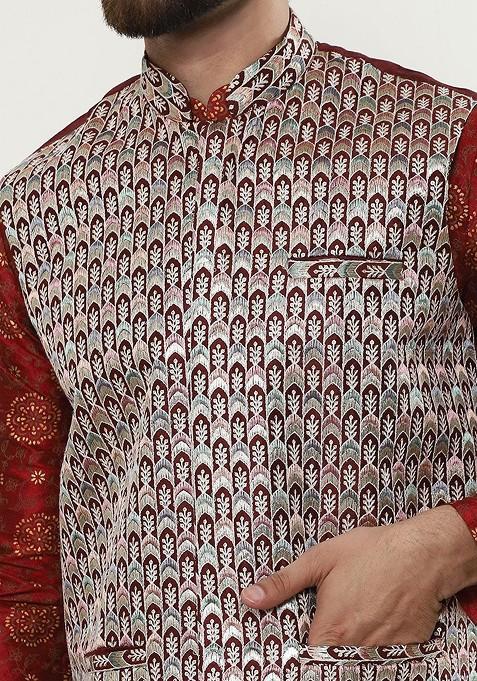 Maroon Ethnic Motifs Poly Blend Kurta Set For Men