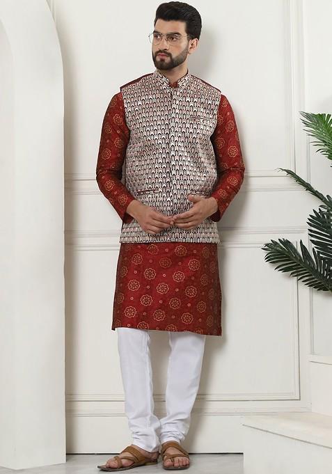 Maroon Ethnic Motifs Poly Blend Kurta Set For Men