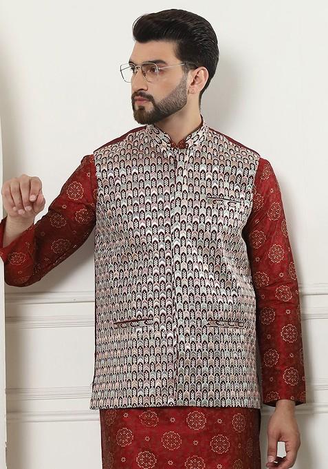 Maroon Ethnic Motifs Poly Blend Kurta Set For Men