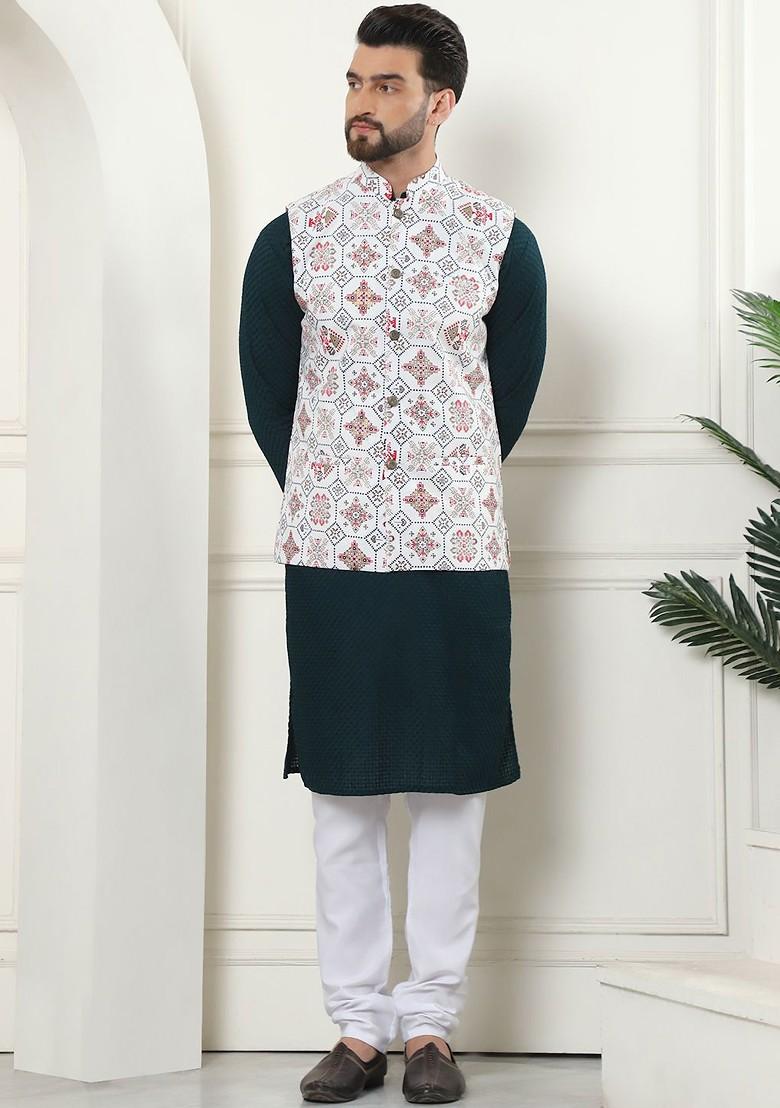 Green Thread Work Cotton Kurta Set For Men