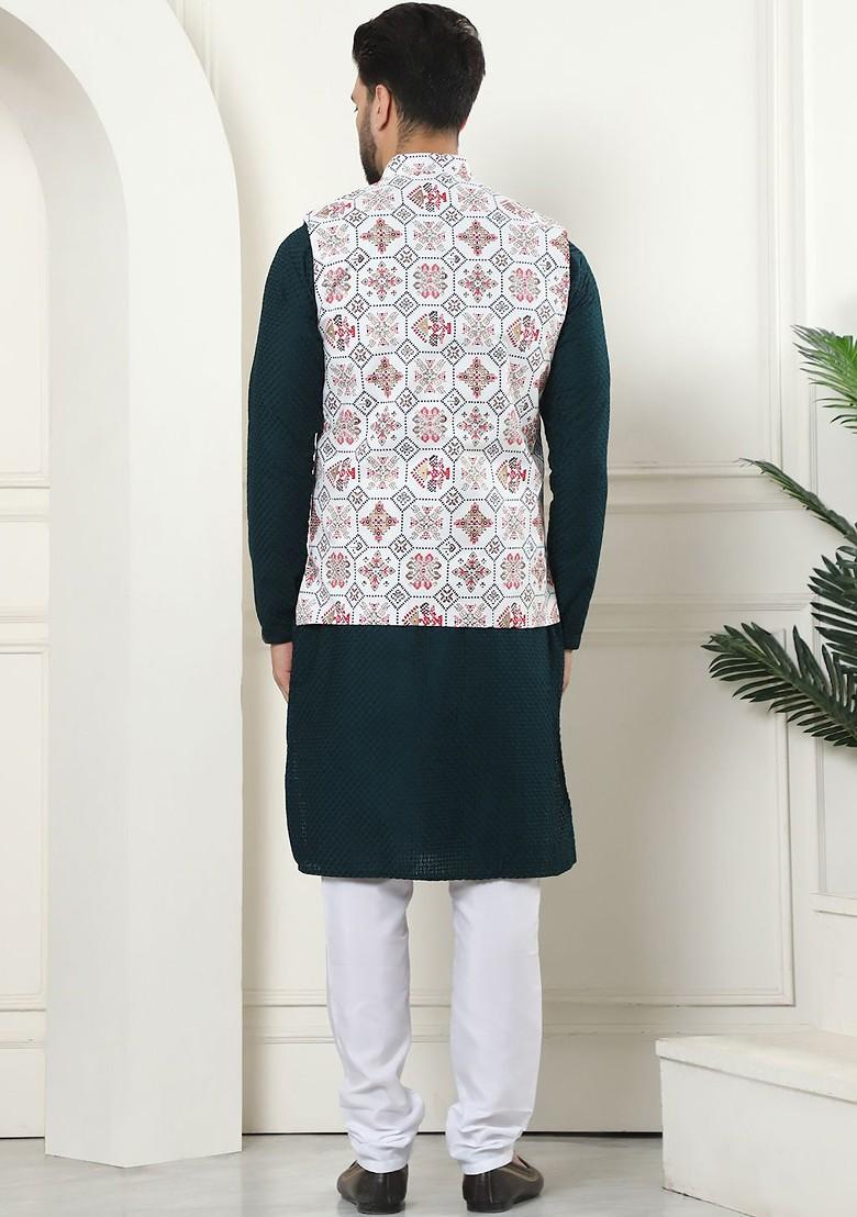 Green Thread Work Cotton Kurta Set For Men
