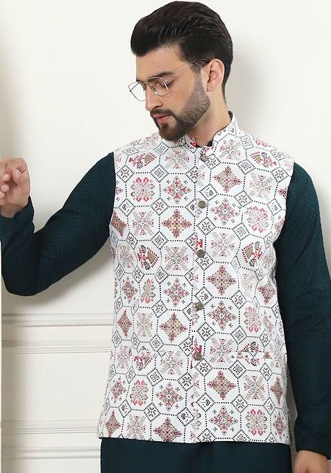 Green Thread Work Cotton Kurta Set For Men