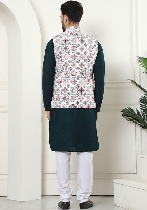 Green Thread Work Cotton Kurta Set For Men