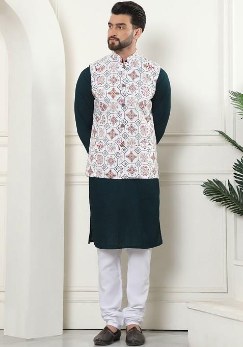 Green Thread Work Cotton Kurta Set For Men