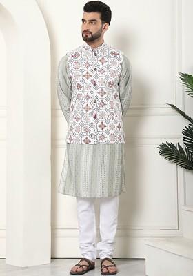 Green Printed Poly Blend Kurta Set For Men