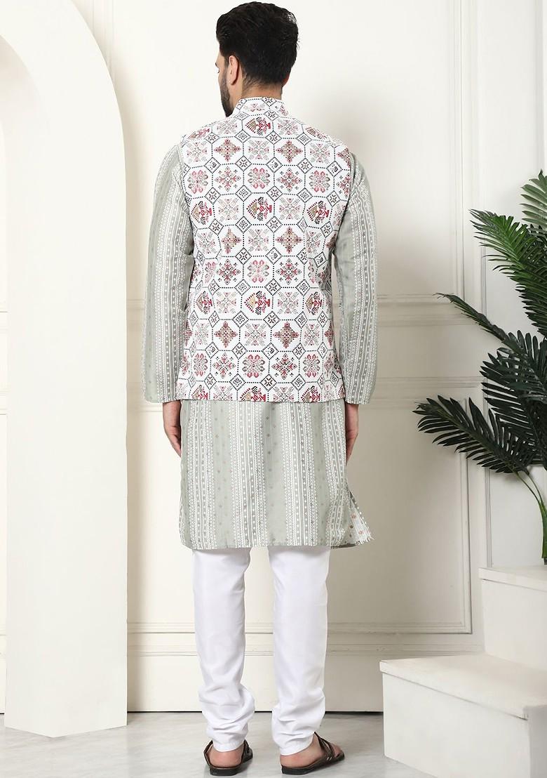 Green Printed Poly Blend Kurta Set For Men