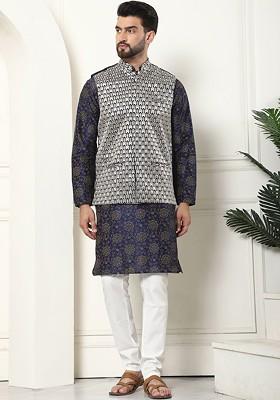 Navy Blue Printed Cotton Kurta Set For Men