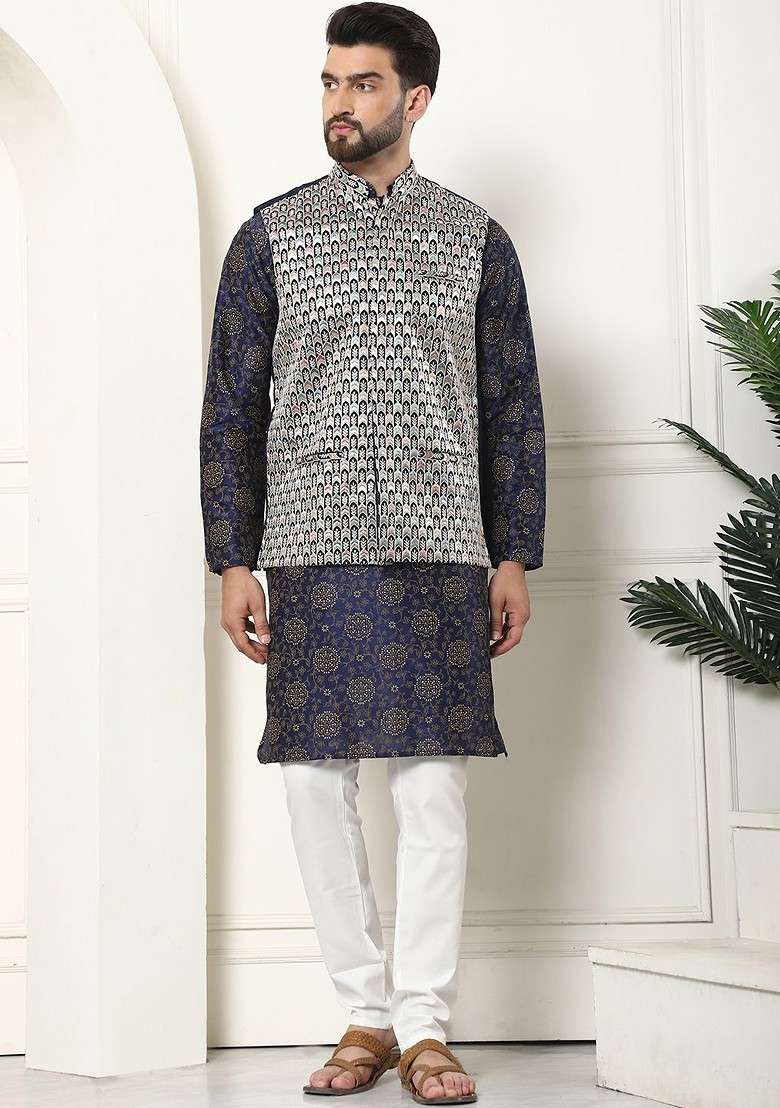 Navy Blue Printed Cotton Kurta Set For Men - Indya