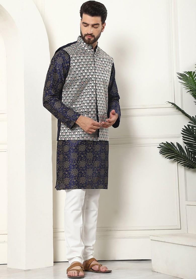 Navy Blue Printed Cotton Kurta Set For Men