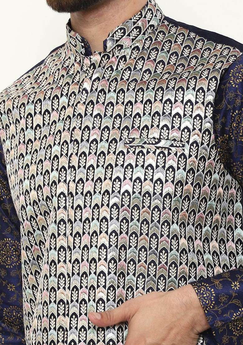 Navy Blue Printed Cotton Kurta Set For Men - Indya