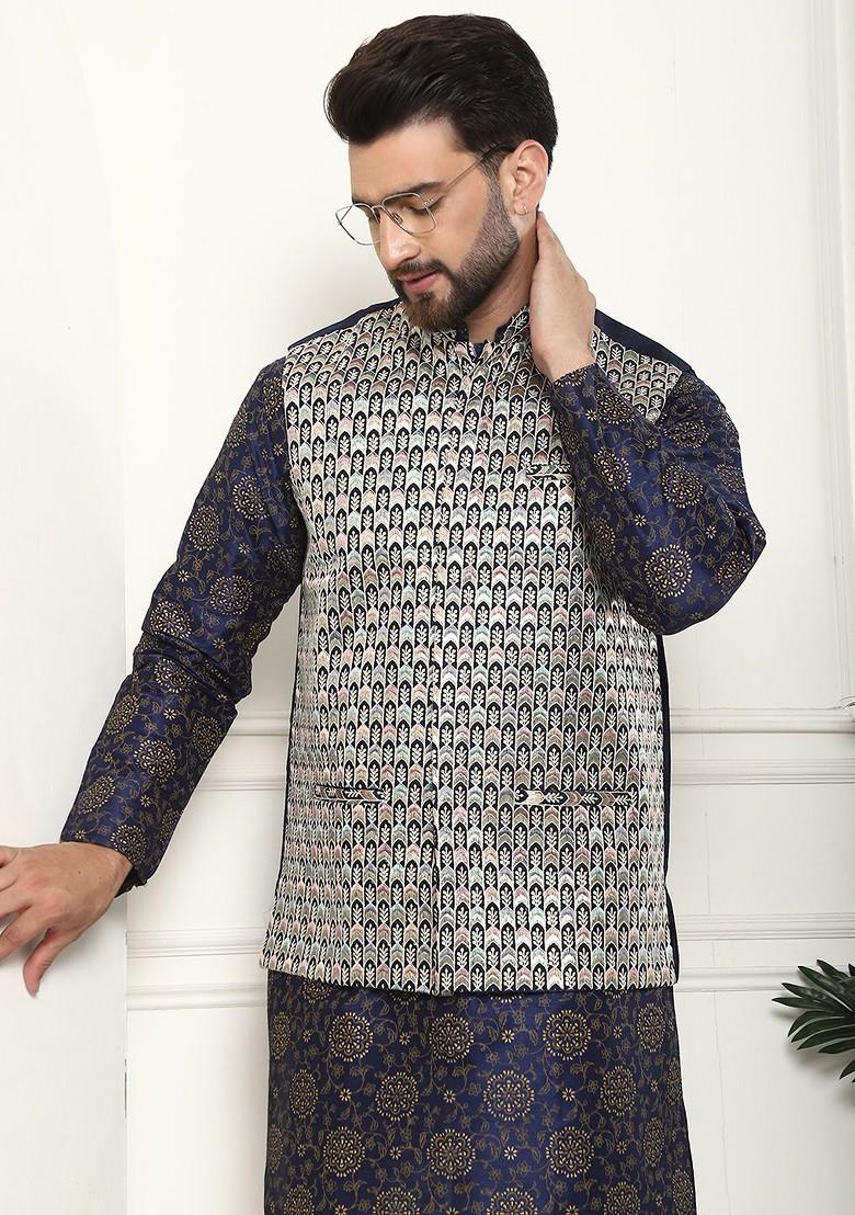 Navy Blue Printed Cotton Kurta Set For Men