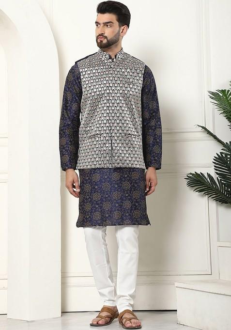 Navy Blue Printed Cotton Kurta Set For Men