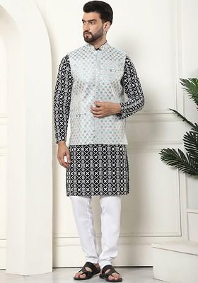 Black Thread Work Cotton Kurta Set For Men