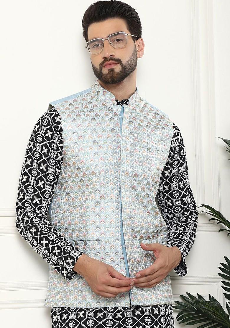 Black Thread Work Cotton Kurta Set For Men