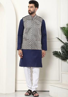 Navy Blue Solid Cotton Kurta Set For Men