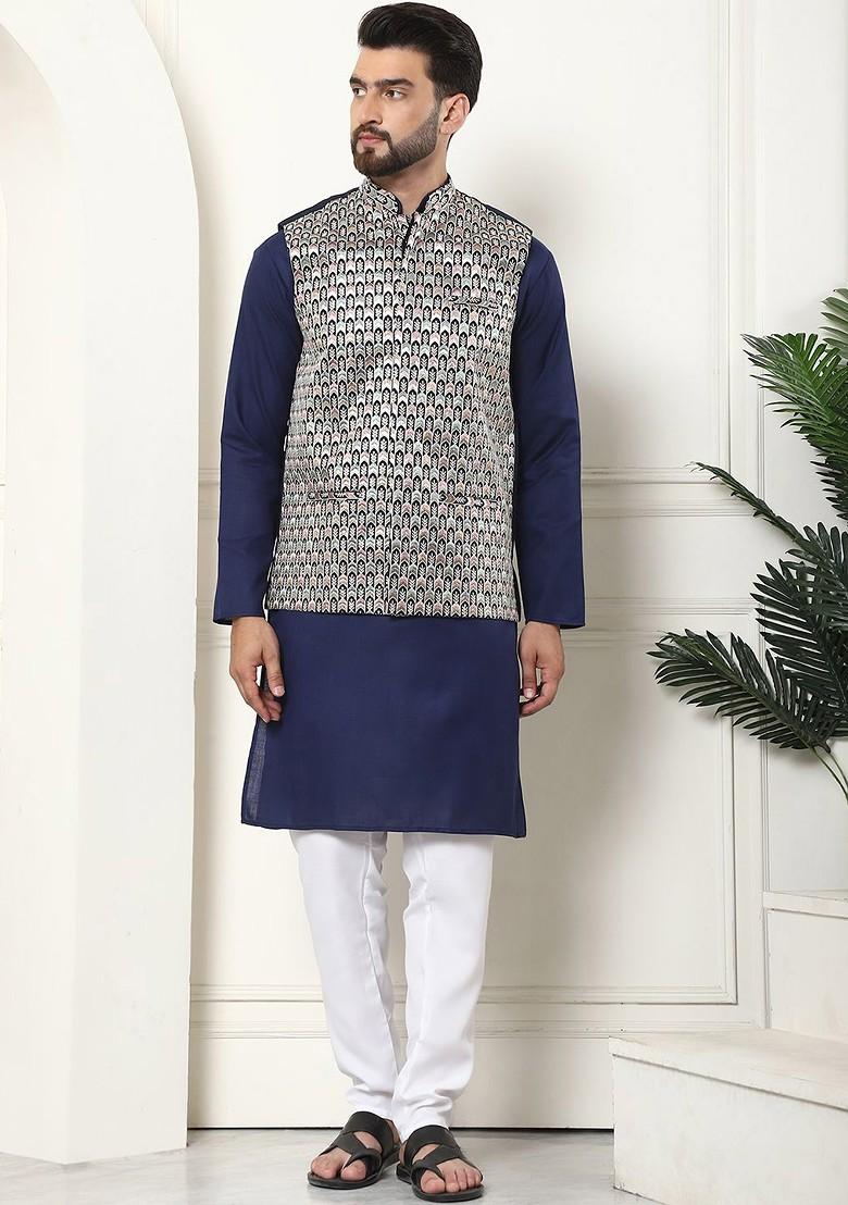 Navy Blue Solid Cotton Kurta Set For Men