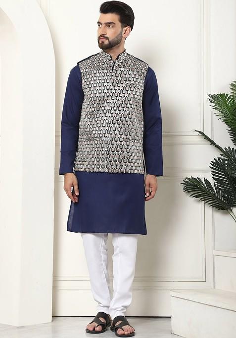 Navy Blue Solid Cotton Kurta Set For Men