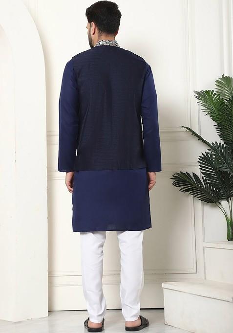 Navy Blue Solid Cotton Kurta Set For Men