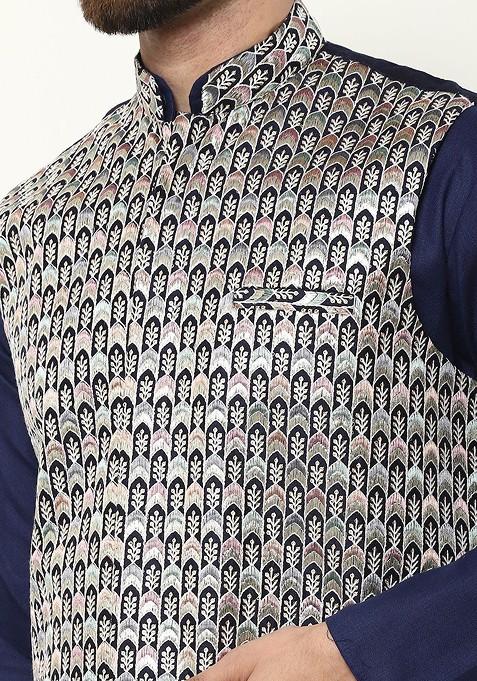 Navy Blue Solid Cotton Kurta Set For Men