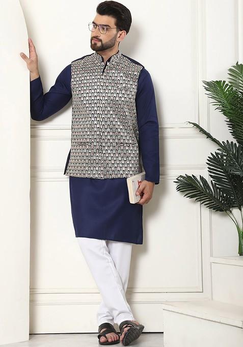 Navy Blue Solid Cotton Kurta Set For Men