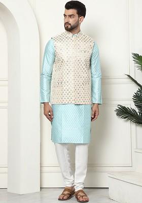 Turquoise Blue Ethnic Motifs Poly Blend Kurta Set For Men