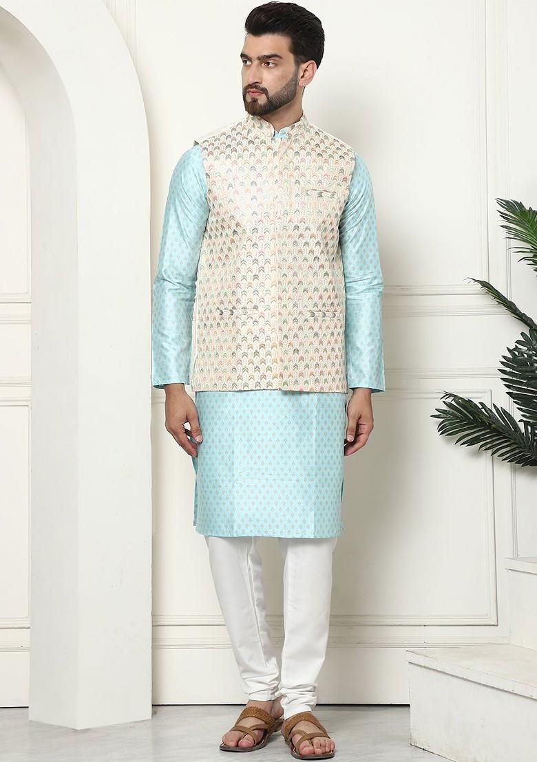 Turquoise Blue Ethnic Motifs Poly Blend Kurta Set For Men