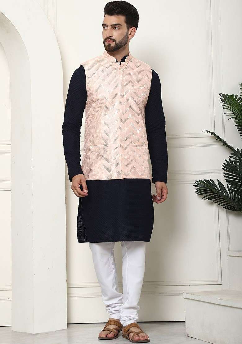 Navy Blue Solid Cotton Kurta Set For Men - Indya