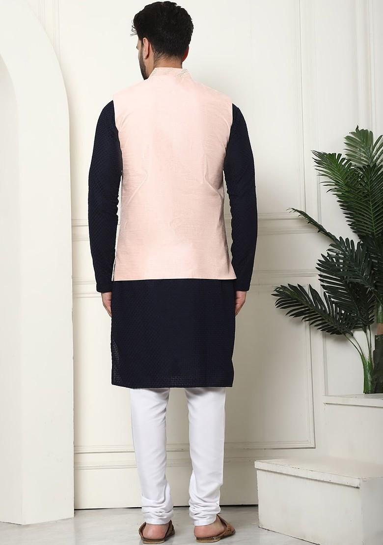 Navy Blue Solid Cotton Kurta Set For Men