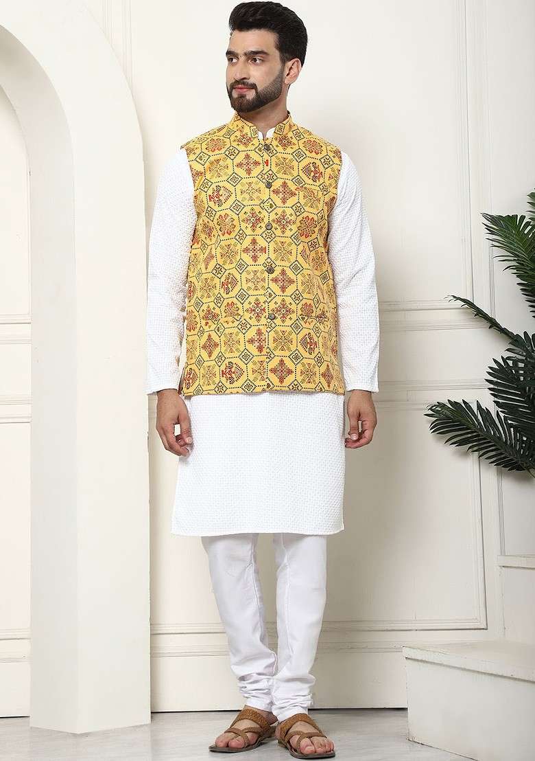 White Thread Work Cotton Kurta Set For Men - Indya