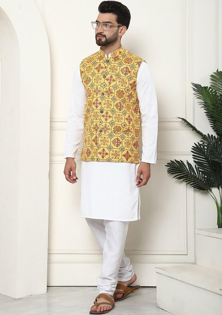 White Thread Work Cotton Kurta Set For Men