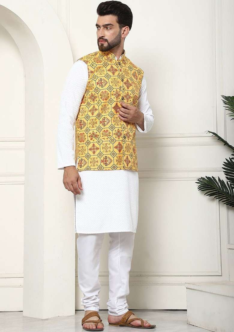 White Thread Work Cotton Kurta Set For Men - Indya