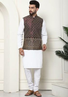 White Embroidered Cotton Kurta Set For Men