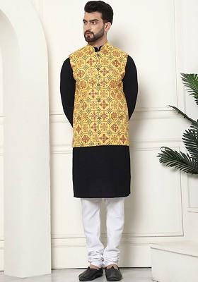 Black Thread Work Cotton Kurta Set For Men