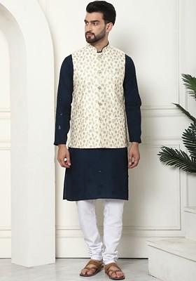 Teal Blue Thread Work Poly Blend Kurta Set For Men