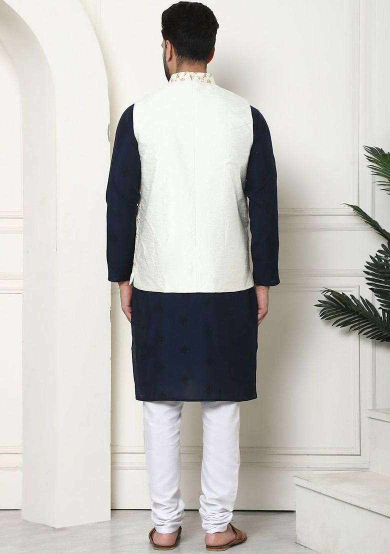 Teal Blue Thread Work Poly Blend Kurta Set For Men