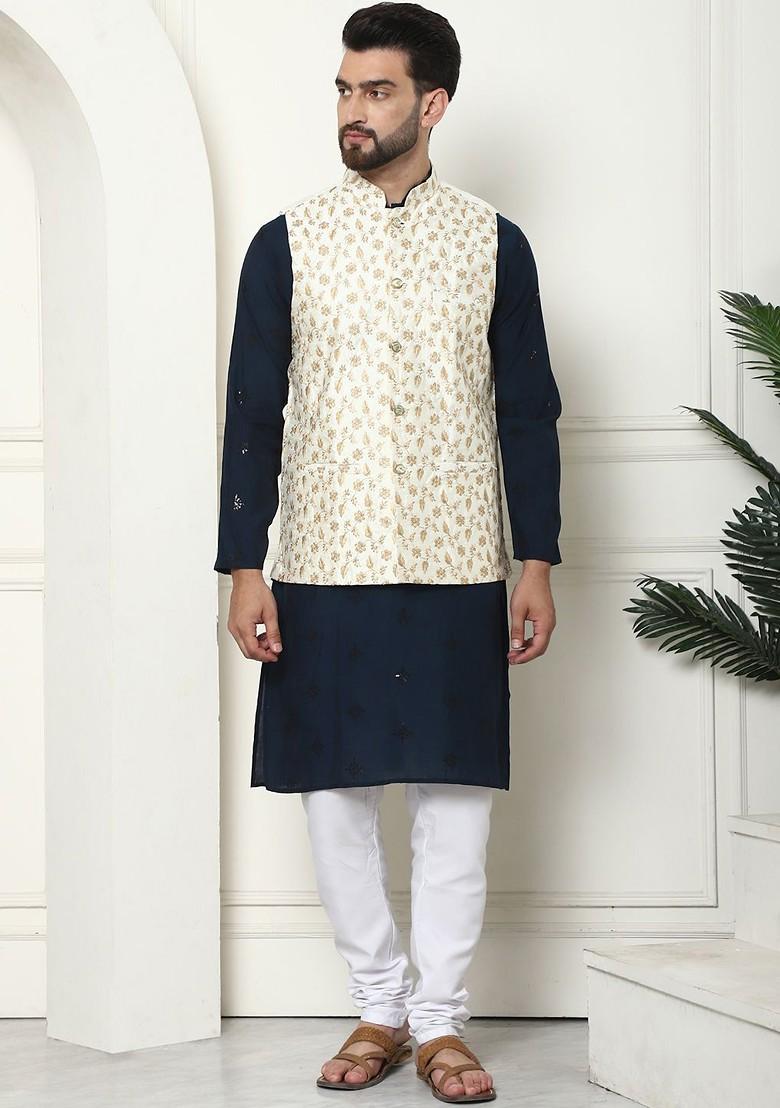 Teal Blue Thread Work Poly Blend Kurta Set For Men