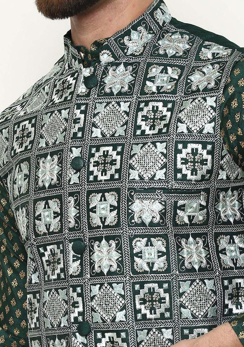 Green Thread Work Poly Blend Kurta Set For Men