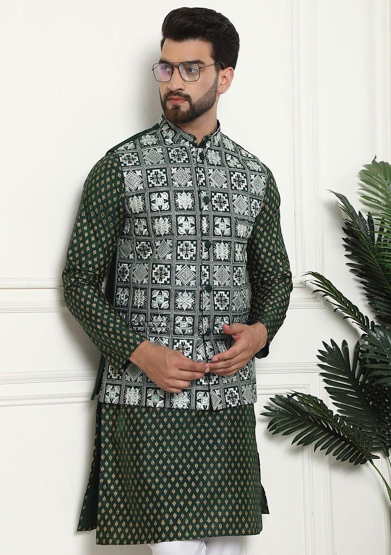 Green Thread Work Poly Blend Kurta Set For Men