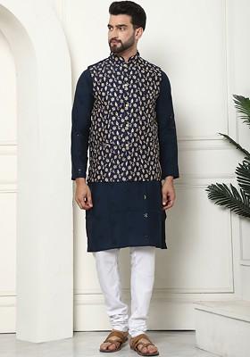 Teal Blue Embroidered Poly Blend Kurta Set For Men