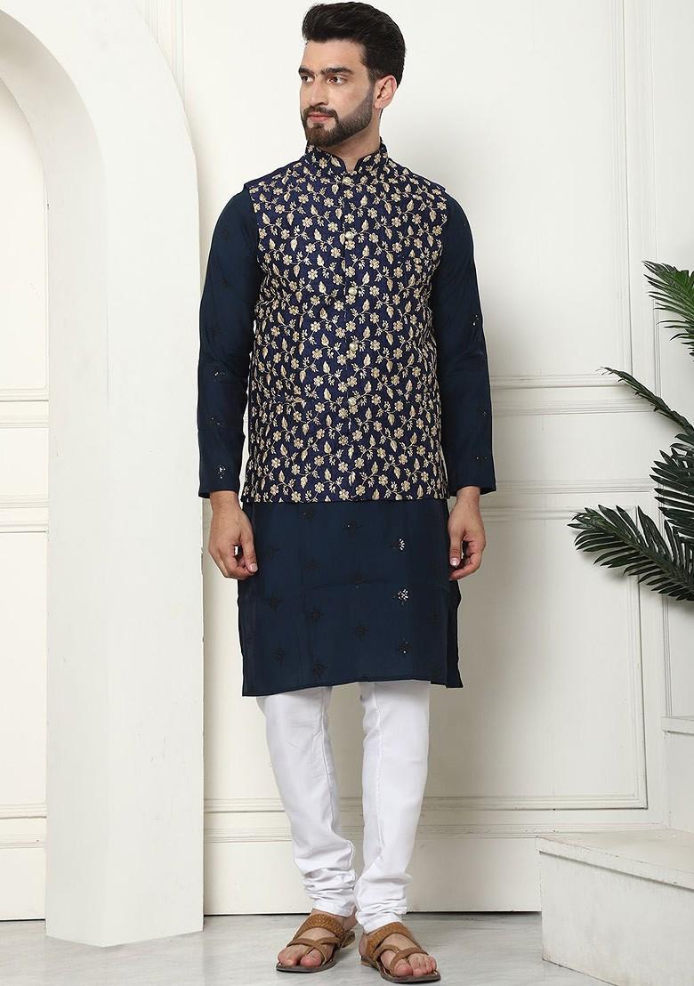 Teal Blue Embroidered Poly Blend Kurta Set For Men