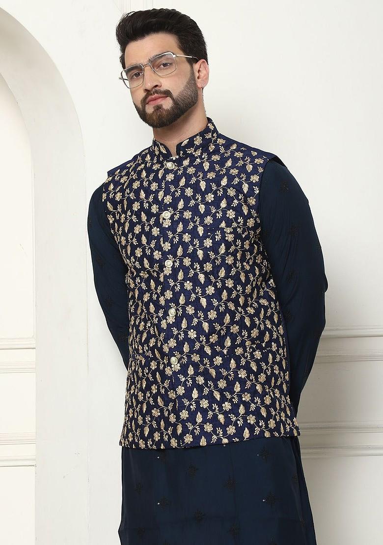 Teal Blue Embroidered Poly Blend Kurta Set For Men
