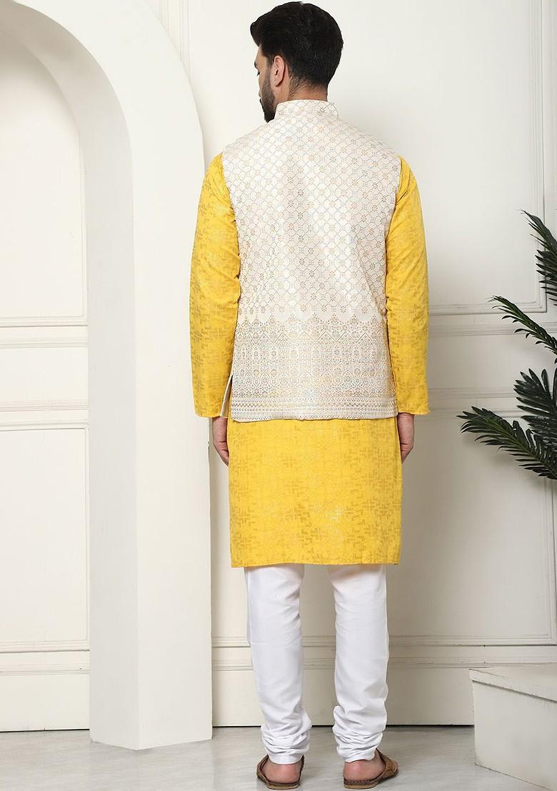 Mustard Ethnic Motifs Cotton Kurta Set For Men
