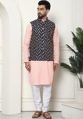 Peach Thread Work Cotton Kurta Set For Men