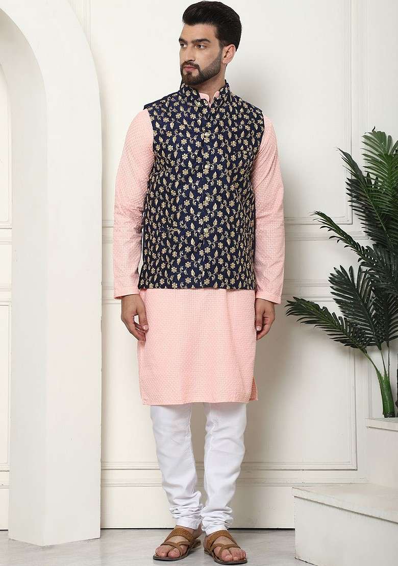 Peach Thread Work Cotton Kurta Set For Men - Indya