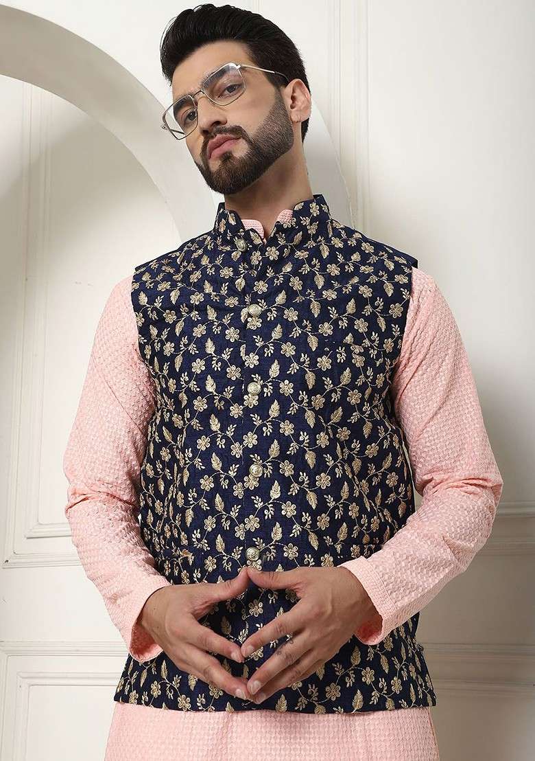 Peach Thread Work Cotton Kurta Set For Men - Indya